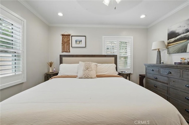 3848 Ocana Ave, Long Beach, CA 90808 - bedroom featuring crown molding, recessed lighting, and ceiling fan