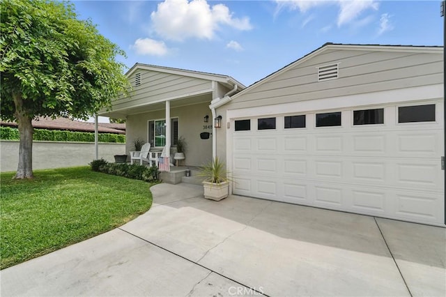 3848 Ocana Ave, Long Beach, CA 90808 - ranch-style house with a porch, driveway, a front yard, stucco siding, and a garage