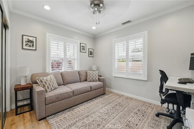 3848 Ocana Ave, Long Beach, CA 90808 - office area featuring a ceiling fan, recessed lighting, crown molding, and wood finished floors