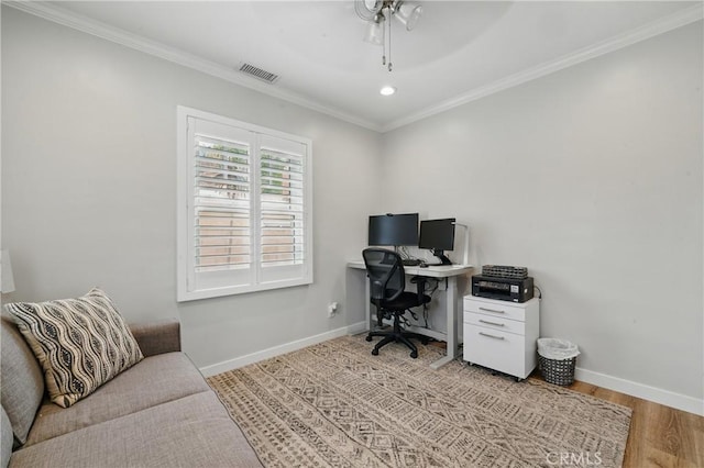 3848 Ocana Ave, Long Beach, CA 90808 - office featuring ornamental molding, a ceiling fan, light wood-style flooring, and recessed lighting