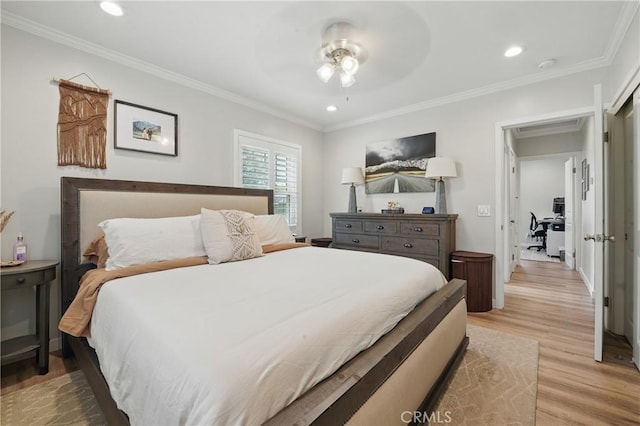 3848 Ocana Ave, Long Beach, CA 90808 - bedroom featuring light wood finished floors, ornamental molding, recessed lighting, and ceiling fan