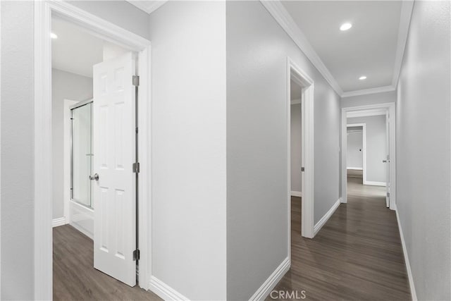 1440 E Abila St, Carson, CA 90745 - hall featuring wood finished floors, crown molding, baseboards, and recessed lighting