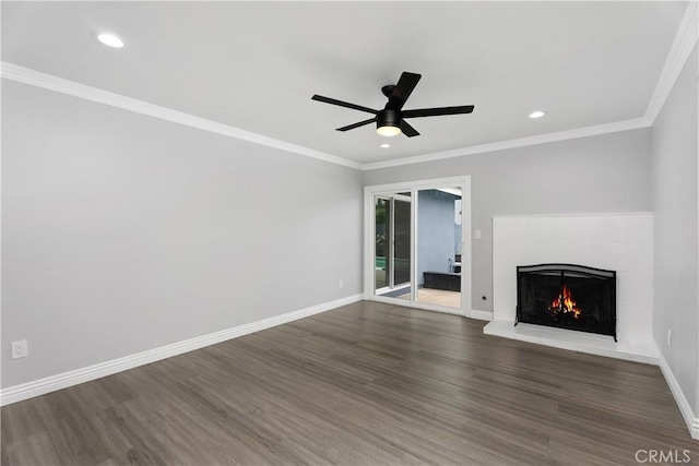 1440 E Abila St, Carson, CA 90745 - unfurnished living room featuring a tiled fireplace, wood finished floors, a ceiling fan, recessed lighting, and baseboards