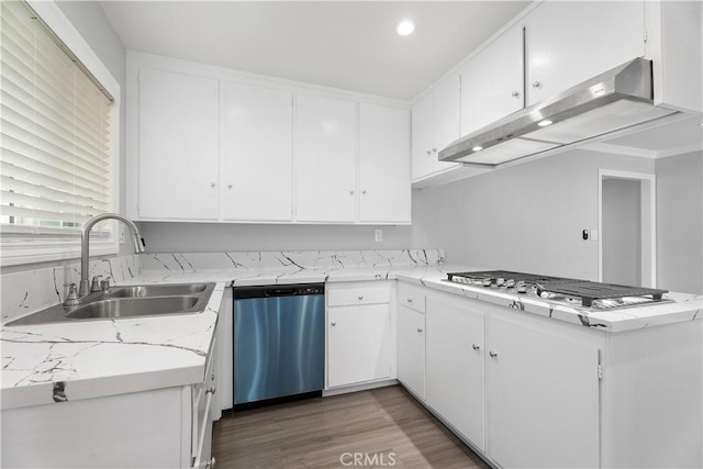 1440 E Abila St, Carson, CA 90745 - kitchen featuring appliances with stainless steel finishes, ventilation hood, a sink, white cabinets, and wood finished floors