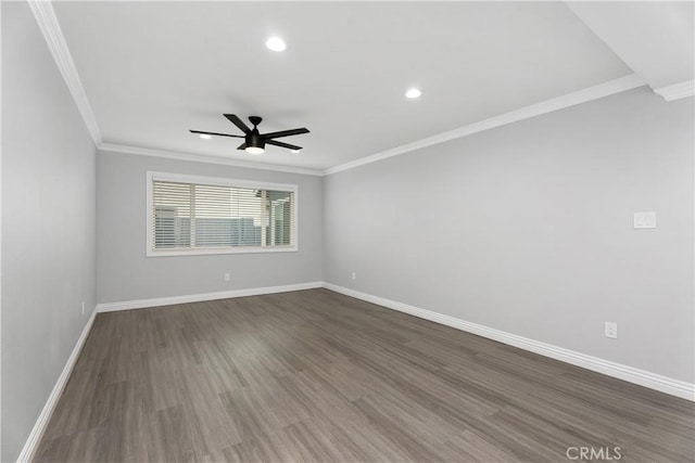 1440 E Abila St, Carson, CA 90745 - empty room featuring a ceiling fan, ornamental molding, baseboards, dark wood-style floors, and recessed lighting