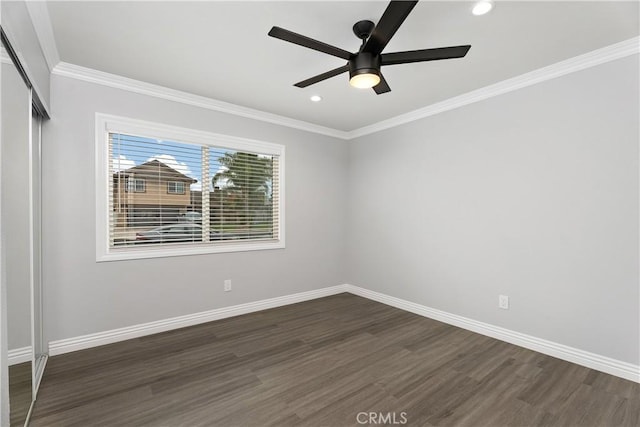 1440 E Abila St, Carson, CA 90745 - empty room featuring dark wood finished floors, baseboards, crown molding, ceiling fan, and recessed lighting