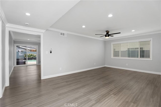 1440 E Abila St, Carson, CA 90745 - empty room featuring ornamental molding, ceiling fan, baseboards, wood finished floors, and recessed lighting