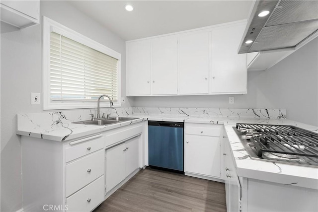 1440 E Abila St, Carson, CA 90745 - kitchen with dishwasher, range hood, a sink, stainless steel gas cooktop, and white cabinets