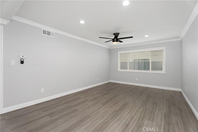 1440 E Abila St, Carson, CA 90745 - empty room with ceiling fan, baseboards, recessed lighting, wood finished floors, and ornamental molding