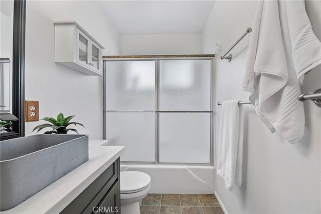 39335 Lark Rd, Big Bear Lake, CA 92315 - full bath featuring vanity, toilet, enclosed tub / shower combo, and stone finish floors