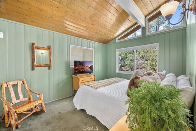 39335 Lark Rd, Big Bear Lake, CA 92315 - bedroom featuring carpet floors, wooden ceiling, and wood walls