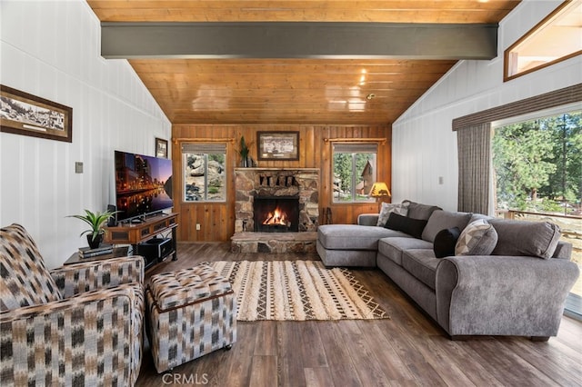 39335 Lark Rd, Big Bear Lake, CA 92315 - living room featuring wood finished floors, a stone fireplace, and wood ceiling