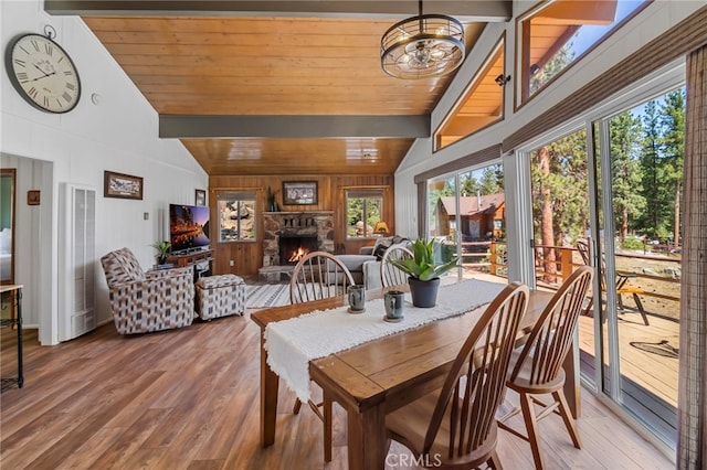 39335 Lark Rd, Big Bear Lake, CA 92315 - dining space with wood finished floors, a fireplace, wood ceiling with exposed beams, wooden walls, and high vaulted ceiling