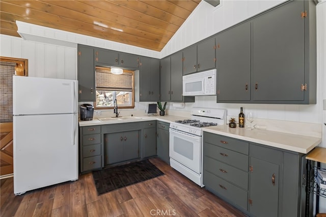 39335 Lark Rd, Big Bear Lake, CA 92315 - kitchen featuring white appliances, vaulted ceiling, a sink, wood ceiling, and dark wood-style floors