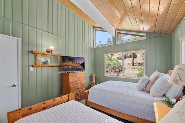 39335 Lark Rd, Big Bear Lake, CA 92315 - bedroom with wooden ceiling, vaulted ceiling, and wood walls