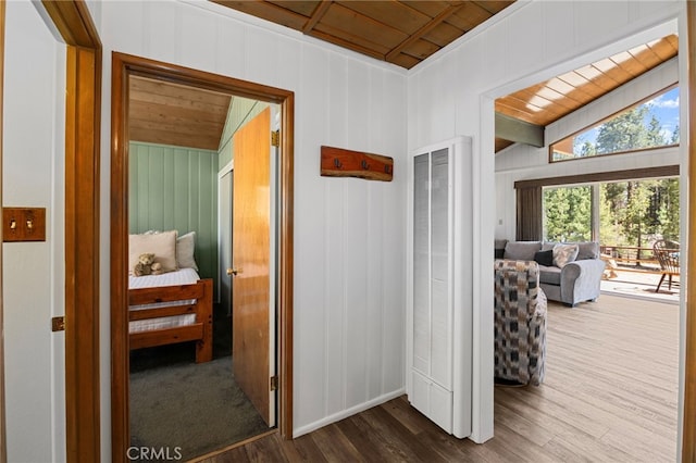 39335 Lark Rd, Big Bear Lake, CA 92315 - corridor featuring wooden ceiling, dark wood-style floors, a heating unit, and wood walls
