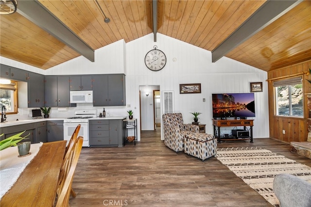 39335 Lark Rd, Big Bear Lake, CA 92315 - kitchen featuring white appliances, gray cabinets, dark wood-style floors, light countertops, and plenty of natural light