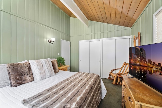 39335 Lark Rd, Big Bear Lake, CA 92315 - bedroom featuring dark colored carpet, lofted ceiling, a closet, and wooden ceiling