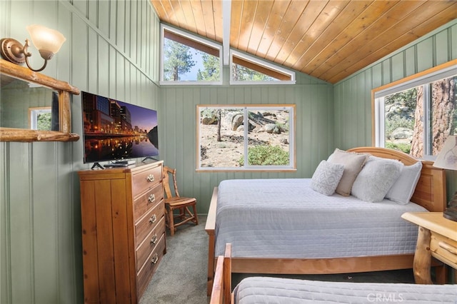39335 Lark Rd, Big Bear Lake, CA 92315 - bedroom featuring carpet flooring, multiple windows, vaulted ceiling, and wood ceiling