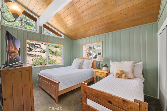 39335 Lark Rd, Big Bear Lake, CA 92315 - bedroom with light colored carpet, wooden ceiling, and wood walls