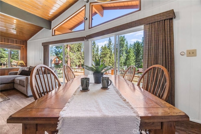 39335 Lark Rd, Big Bear Lake, CA 92315 - dining space featuring wood finished floors and wood ceiling