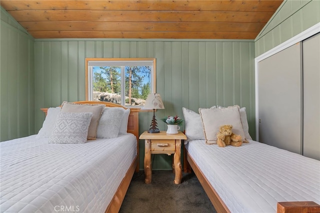 39335 Lark Rd, Big Bear Lake, CA 92315 - carpeted bedroom with wooden ceiling and vaulted ceiling