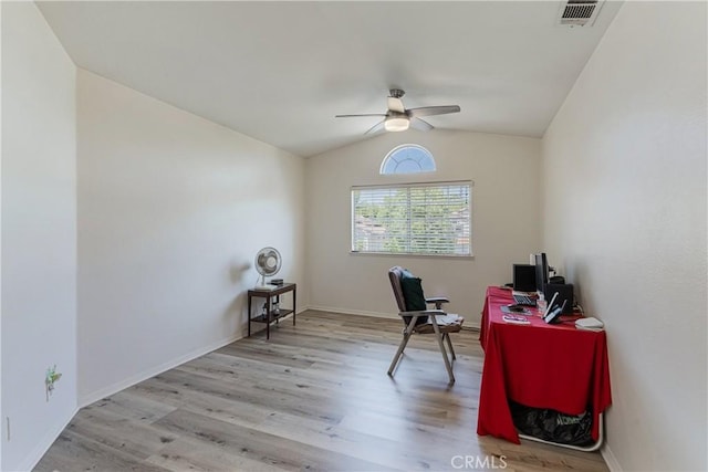 25213 Via Las Lomas, Murrieta, CA 92562 - office space featuring a ceiling fan, lofted ceiling, and wood finished floors