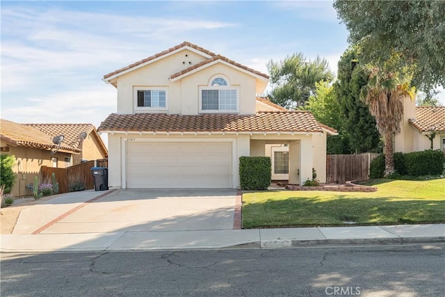 25213 Via Las Lomas, Murrieta, CA 92562 - mediterranean / spanish home featuring a tiled roof, concrete driveway, stucco siding, and a garage