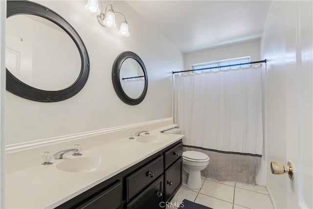 25213 Via Las Lomas, Murrieta, CA 92562 - full bathroom with tile patterned flooring, double vanity, and shower / bathtub combination with curtain