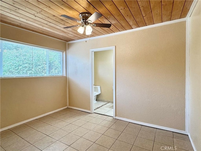 8 Geneva Ln, Chico, CA 95926 - empty room featuring wood ceiling, a ceiling fan, light tile patterned flooring, a textured wall, and ornamental molding