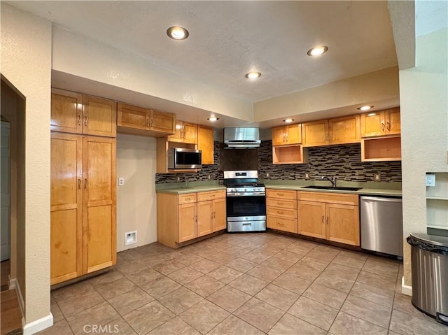 8 Geneva Ln, Chico, CA 95926 - kitchen with stainless steel appliances, a sink, decorative backsplash, light tile patterned floors, and range hood