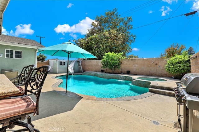 374 N Elm St, Orange, CA 92868 - view of swimming pool featuring a water slide, a patio area, grilling area, and a fenced backyard