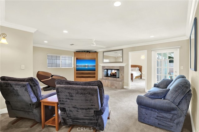 374 N Elm St, Orange, CA 92868 - carpeted living room with crown molding, recessed lighting, baseboards, and a tiled fireplace