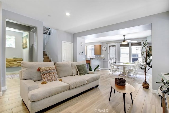 4533 Filson St, Riverside, CA 92507 - living area featuring ceiling fan, plenty of natural light, light wood finished floors, baseboards, and recessed lighting