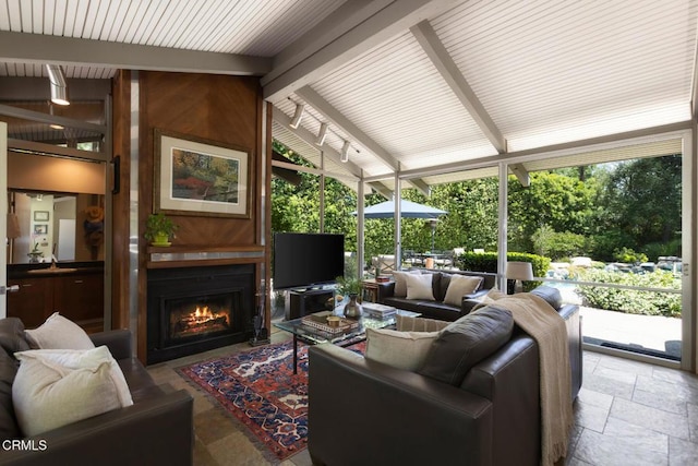 2279 Midwick Dr, Altadena, CA 91001 - sunroom with an outdoor living space with a fireplace and a sink