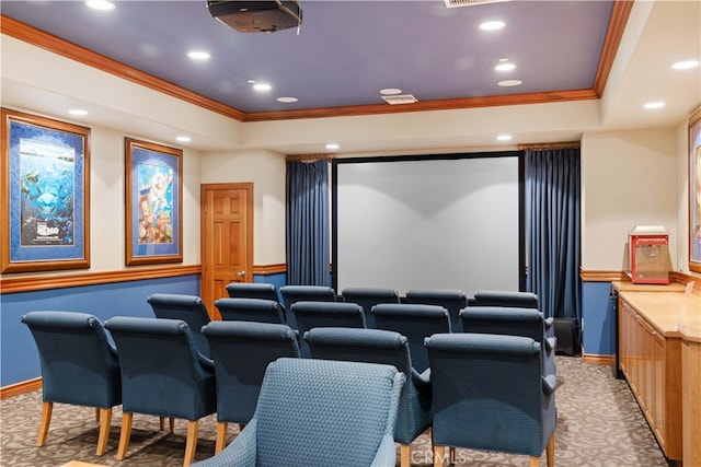 8254 Traveller St, Chino, CA 91708 - home theater room with ornamental molding, baseboards, recessed lighting, a tray ceiling, and light carpet