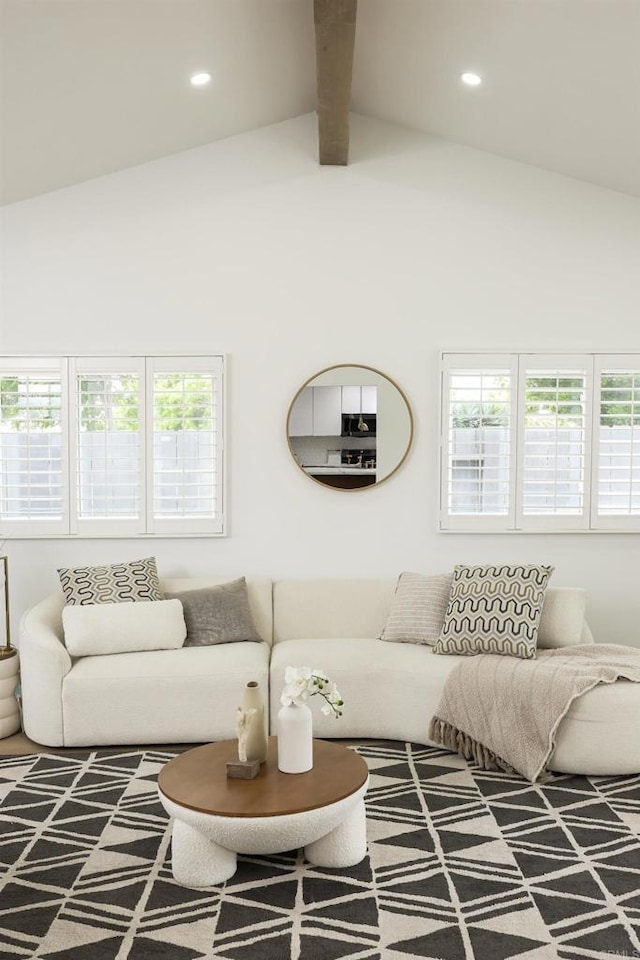 4380 Rolfe Rd, San Diego, CA 92117 - living room featuring beam ceiling, healthy amount of natural light, recessed lighting, and high vaulted ceiling