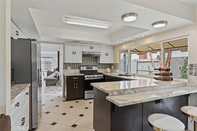 22702 Islamare Ln, Lake Forest, CA 92630 - kitchen with appliances with stainless steel finishes, under cabinet range hood, a sink, a tray ceiling, and a peninsula