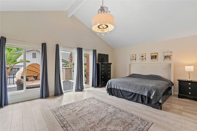 22702 Islamare Ln, Lake Forest, CA 92630 - bedroom with access to outside, wood finished floors, beamed ceiling, and high vaulted ceiling