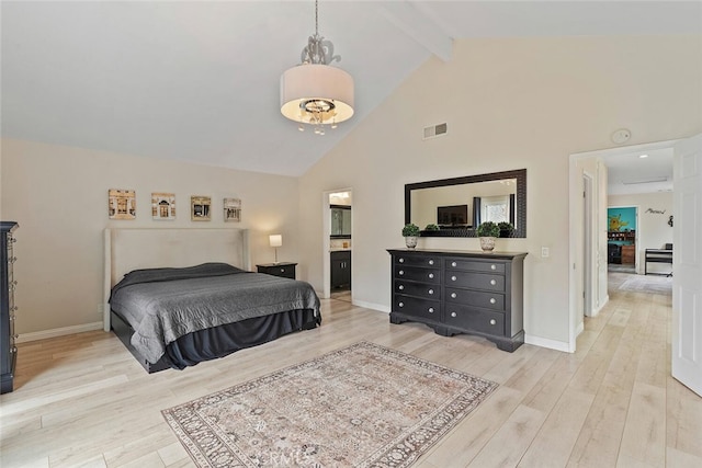 22702 Islamare Ln, Lake Forest, CA 92630 - bedroom with high vaulted ceiling, beamed ceiling, wood finished floors, baseboards, and ensuite bath