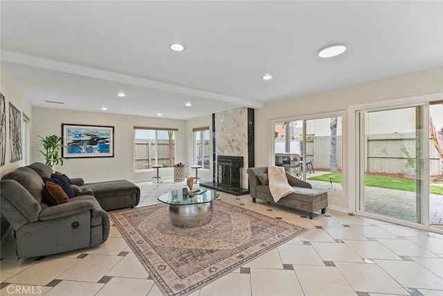 22702 Islamare Ln, Lake Forest, CA 92630 - living area with a fireplace, recessed lighting, and light tile patterned floors