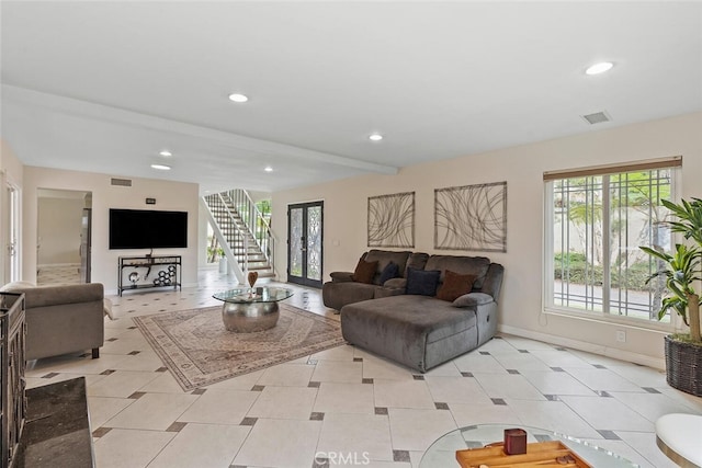 22702 Islamare Ln, Lake Forest, CA 92630 - living room featuring recessed lighting, baseboards, and beam ceiling