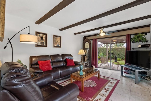 1724 N Oakwood Ave, Anaheim, CA 92807 - living room with light tile patterned floors, beam ceiling, and ceiling fan