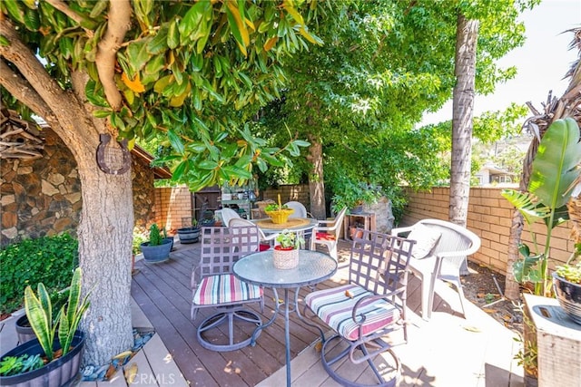 1390 Corona Ave, Norco, CA 92860 - wooden terrace featuring a fenced backyard and outdoor dining area