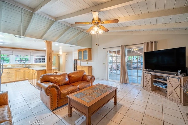 1390 Corona Ave, Norco, CA 92860 - living room with wooden ceiling, light tile patterned floors, a ceiling fan, and decorative columns