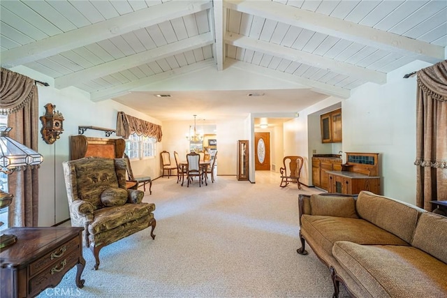 1390 Corona Ave, Norco, CA 92860 - living area with light carpet, a chandelier, and wooden ceiling