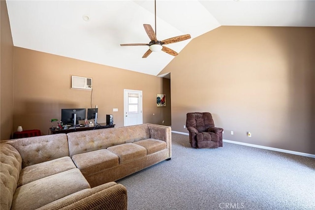 1390 Corona Ave, Norco, CA 92860 - living area with carpet floors, ceiling fan, high vaulted ceiling, and an AC wall unit