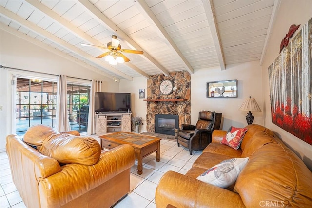1390 Corona Ave, Norco, CA 92860 - living room with light tile patterned floors, a fireplace, ceiling fan, and wood ceiling