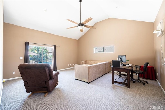 1390 Corona Ave, Norco, CA 92860 - living room with a ceiling fan, carpet floors, a desk, and high vaulted ceiling