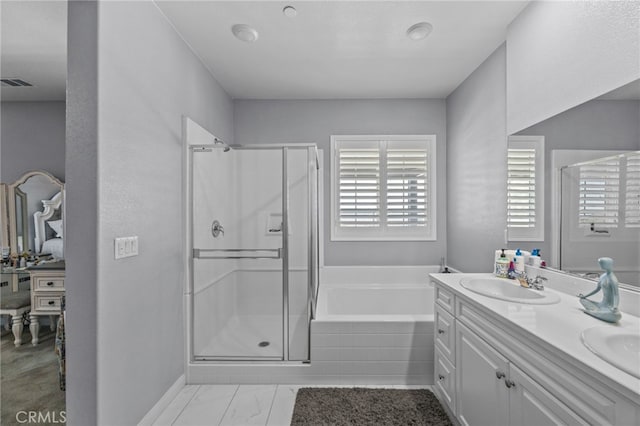 24909 Miners View Ln, Moreno Valley, CA 92557 - bathroom featuring a bath, a shower stall, double vanity, and marble finish flooring